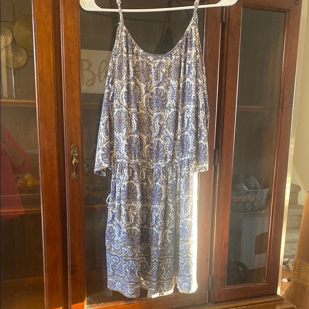 American Eagle Outfitters White and Blue Paisley Spaghetti-Strap Mini Dress